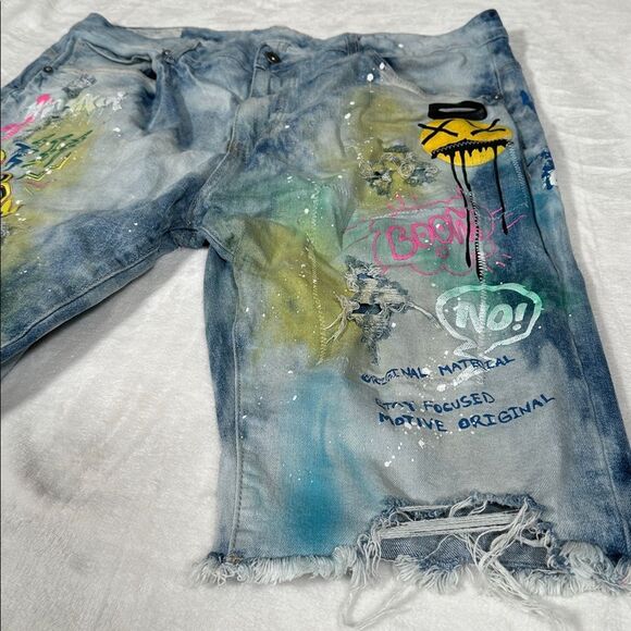 Smoke Rise Graffiti Denim Shorts in a summer blue color. - Picture 2 of 5